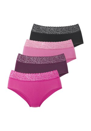 Vier damenhafte Hipster-Slips in Schwarz, Hellrosa, Dunkellila und leuchtendem Pink, jeweils mit einem Leoparden-Spitzenbund.