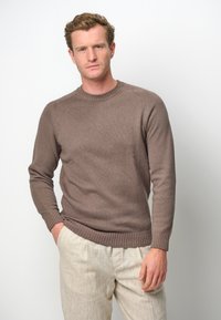 Brauner Strickpullover mit geripptem Halsausschnitt und Bündchen, kombiniert mit hellen, strukturierten Hosen. Das Modell steht vor einem einfarbigen Hintergrund.