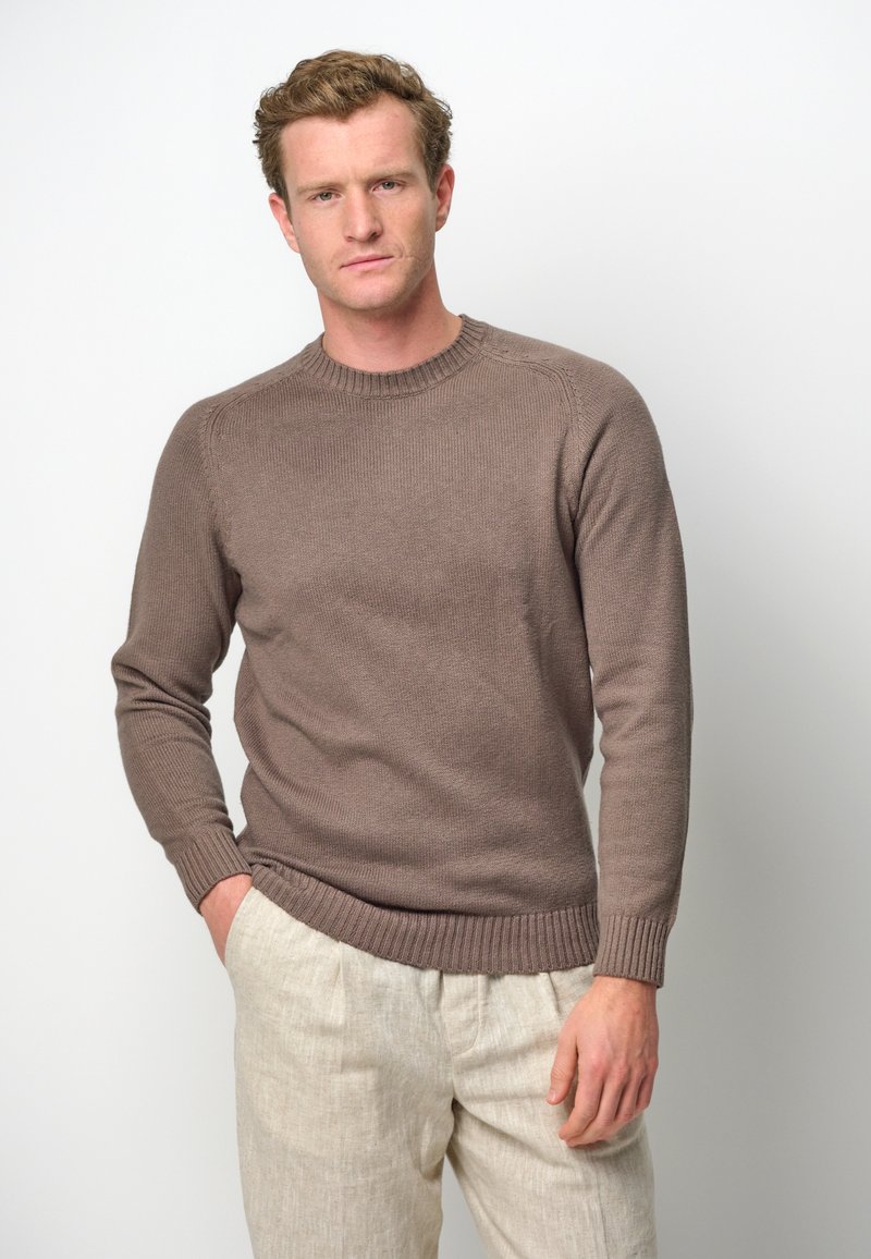Brauner Strickpullover mit geripptem Halsausschnitt und Bündchen, kombiniert mit hellen, strukturierten Hosen. Das Modell steht vor einem einfarbigen Hintergrund.