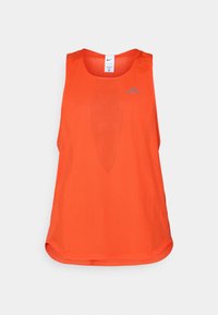Orange athletic tank top made of mesh fabric. Features a round neckline, sleeveless design, and a subtle blue logo on the chest.