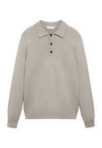 Jasnoszary, długi rękaw polo sweter wykonany z fakturowanej dzianiny, z kołnierzykiem i trzema czarnymi guzikami z przodu.
