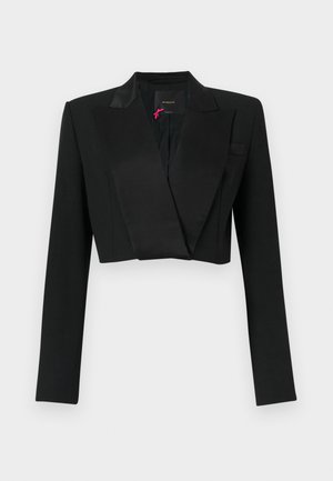 Svart cropped blazer med brede satengslag og lange ermer, merket Pinko på innsiden av kragen.