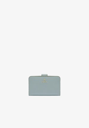 Light blue leather wallet with a textured finish, featuring a front clasp and gold-tone logo. Compact rectangular shape, minimalistic design.