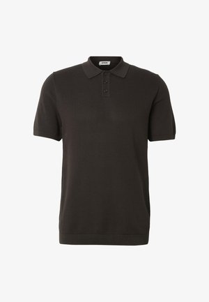 Sort kortermet poloskjorte med strukturert stoff, ribbestrikkede mansjetter, knepping med tre knapper og krage, fra Drykorn-merket.