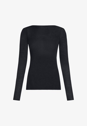 Black long-sleeve top made from a lightweight, soft material with a fitted shape and a rounded neckline, featuring no additional patterns or hardware.