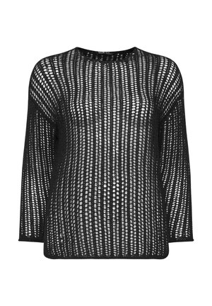 Sort åbent strikket langærmet top med lodrette rækker af cirkulære huller og rund halsudskæring, vist på en hvid baggrund.