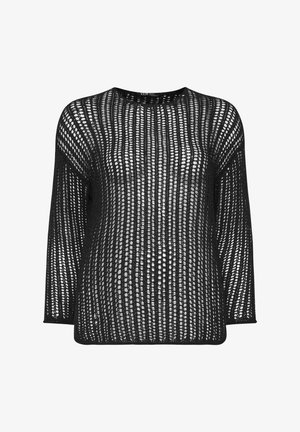 Sort åbent strikket langærmet top med lodrette rækker af cirkulære huller og rund halsudskæring, vist på en hvid baggrund.