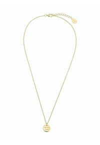 Collana color oro con una delicata catena e un pendente rotondo inciso con la scritta "Siamo Famiglia!" Superficie texturizzata sul pendente.