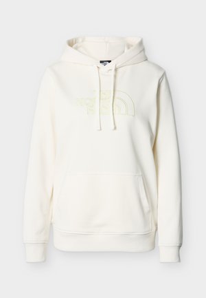 Λευκό φούτερ με κουκούλα, μπροστινή τσέπη και ρυθμιζόμενο κορδόνι στην κουκούλα, με διακριτικό κεντημένο λογότυπο "The North Face" σε ανοιχτό κίτρινο στο στήθος.