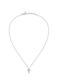 Collana d'argento con un pendente geometrico dotato di elementi sovrapposti, catena sottile e chiusura a gancio. Design minimalista con una finitura liscia.