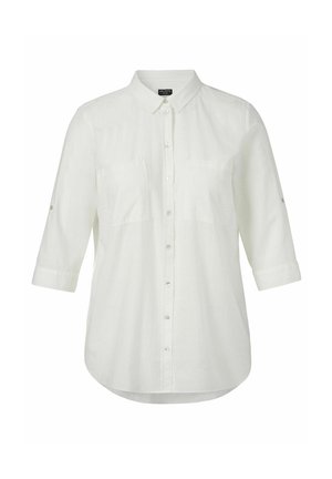 White button-up shirt with 3/4 sleeves, chest pockets, and a classic collar, designed for a relaxed fit.
