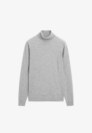 Pull à col roulé gris en maille douce, avec des manches longues et un col ainsi qu'un ourlet côtelés. Aucune motif ou décoration visible.