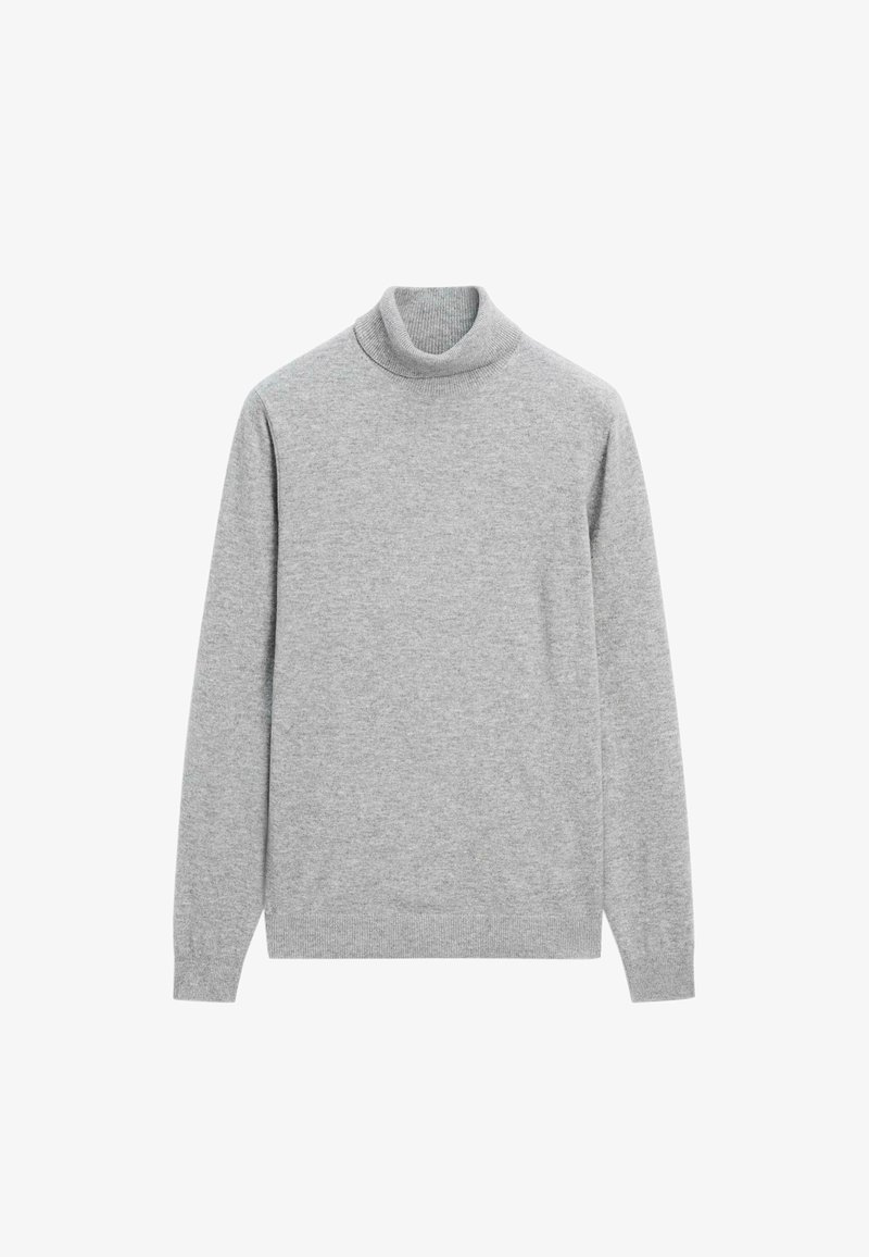 Grå turtleneck sweater lavet af blødt strikstof, med lange ærmer samt ribkant ved hals og bund. Ingen mønstre eller udsmykninger synlige.