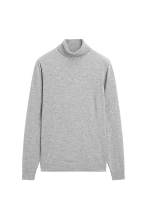 Grauer Rollkragenpullover aus weichem Strickstoff, mit langen Ärmeln und einem gerippten Kragen und Saum. Keine Muster oder Verzierungen sichtbar.