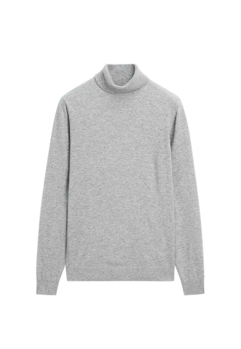 Grijze turtleneck trui van zachte gebreide stof, met lange mouwen en een geribde kraag en zoom. Geen patronen of versieringen zichtbaar.