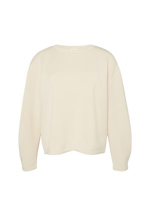 Cream-colored pullover sweatshirt with a round neckline, wide sleeves, and a relaxed fit. Soft fabric with a smooth texture and no patterns.