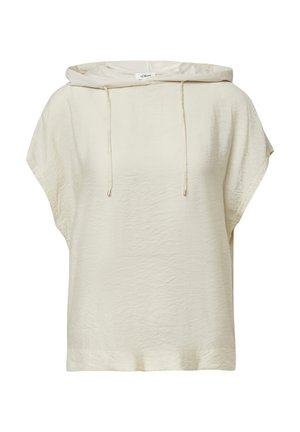 Haut à capuche beige à manches courtes avec cordons de serrage, coupe ample et tissu légèrement texturé.