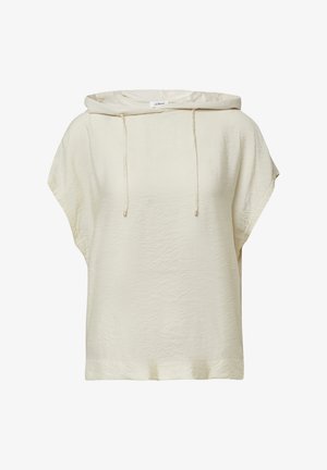 Haut à capuche beige à manches courtes avec cordons de serrage, coupe ample et tissu légèrement texturé.