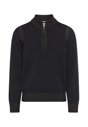 Dunkel schwarzer Pullover mit einem Viertel-Reißverschluss, geripptem Kragen und strukturierten Schulterakzenten. Verfügt über enganliegende Bündchen und einen geraden Saum.