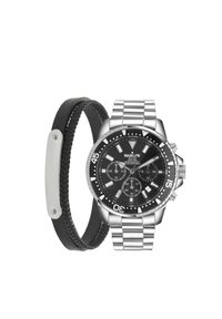 Stainless steel watch with a black dial, silver accents, chronograph features, paired with a braided black leather bracelet.