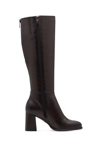 Knee-high brown faux leather heeled boots with a side zipper, rounded toe, and block heel design. Smooth texture with minimal accents.