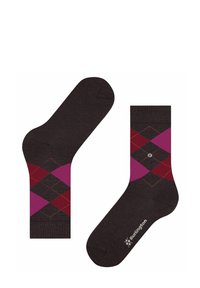 Calze marroni con motivo argyle rosa e bordeaux, caratterizzate da un dettaglio con bottone argento e un logo bianco sulla caviglia. Tessuto uniforme.