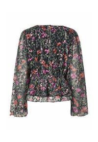 Løs blomstrete bluse med lange ermer, mørk bakgrunn, peplum midje, med rosa og lilla blomster mønstre, lett og gjennomsiktig stoff.