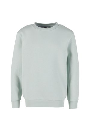 Sweat-shirt gris clair uni à col rond avec manches longues et poignets et ourlet côtelés, présenté sur un fond blanc.