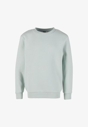 Sweat-shirt gris clair uni à col rond avec manches longues et poignets et ourlet côtelés, présenté sur un fond blanc.