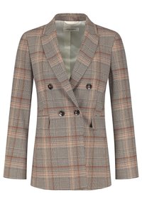 Blazer croisé à motif écossais beige et marron. Dispose de revers crantés, boutons foncés et deux poches avant. Doublure intérieure lisse.