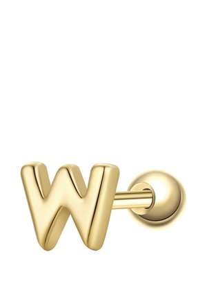 Clou d'oreille en métal doré en forme de lettre "W" avec une fermeture arrière ronde sur fond blanc.