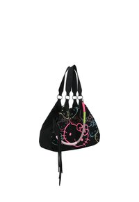 Zwarte tas met een driehoekige vorm, voorzien van meerkleurige Hello Kitty ontwerpen, dubbele handgrepen met hardwareaccenten en textuurstof.