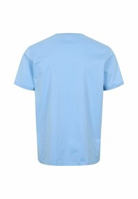 Simpel lyseblå T-shirt med korte ærmer set bagfra, med rund halsudskæring og almindelig pasform.
