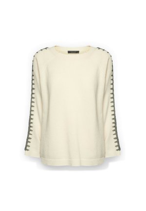 Roomkleurige trui met lange mouwen en donkergrijze ketting-achtige steekdetails langs de buitenkant van de armen.