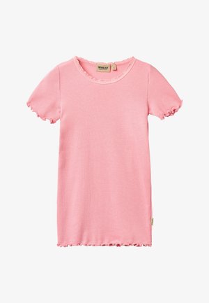 T-shirt rose côtelé avec manches courtes volantées et encolure festonnée. Présente une petite étiquette de marque sur le côté inférieur. Texture douce.
