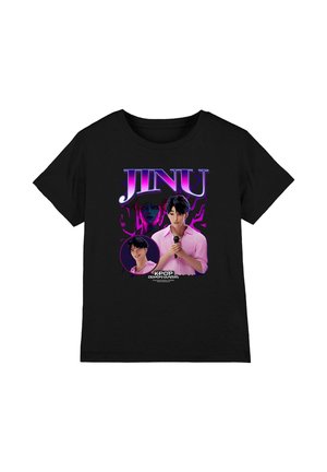 Black T-shirt with "JINU" text, featuring animated singer holding a microphone, with a dark, purple-tinted character and "KPOP Demon Hunters" logo below.