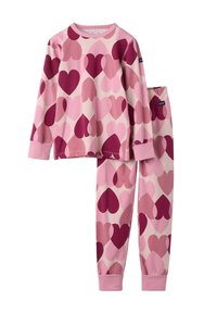 Rosa Baumwoll-Pyjama-Set mit langärmeligem Oberteil und Hose im Allover-Herzmuster in verschiedenen Rosatönen und Burgunder. 