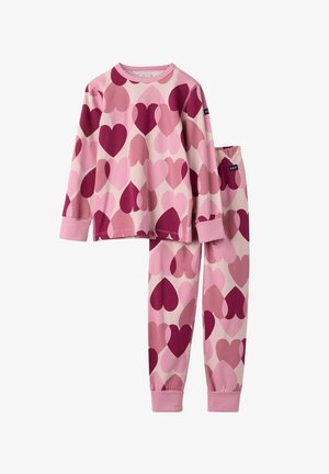Roze katoenen pyjama-set met een lange mouw top en broek, versierd met een over-all hartpatroon in verschillende tinten roze en bordeauxrood.