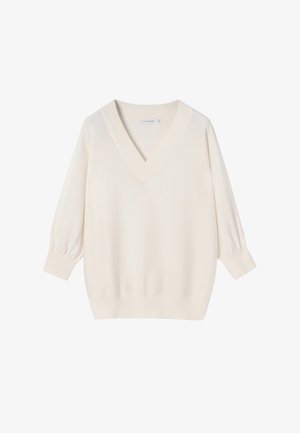 Suéter de color crema con escote en V, mangas abullonadas 3/4 y puños y dobladillo acanalados, presentado sobre un fondo blanco.