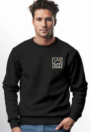 Black sweatshirt with ribbed cuffs and hem, featuring a small graphic design with mountains and the text "LEISURE" in white and orange accents.