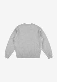 Szara bluza, wykonana z miękkiej bawełny. Posiada okrągły dekolt, długie rękawy i prążkowane mankiety. Gładka tekstura bez widocznych wzorów.