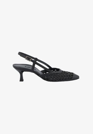 Black slingback shoe with a pointed toe and small heel. The upper features woven detailing and leather accents. Adjustable ankle strap included.