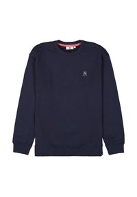 Sudadera azul marino de mangas largas, con puños y dobladillo acanalados. Presenta un pequeño parche de logo en el pecho y un escote en contraste en color rosa.