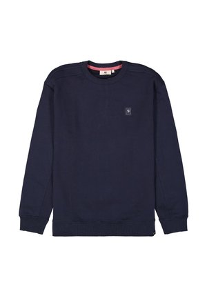 Marineblauwe sweatshirt met lange mouwen, ribgebreide boorden en onderrand. Heeft een klein logo-oppatch op de borst en een contrasterende roze halslijn.