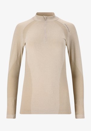 Beige langemouwen pullover met een halflange ritssluiting aan de kraag. Kenmerkt zich door textuurrijke zijpanelen en geribbelde accenten langs de mouwen en schouders.