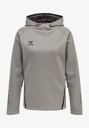 Grijze hoodie met een gladde textuur, zijritsen en zwarte accenten. Bevat een logo op de borst en een gevoerde capuchon.