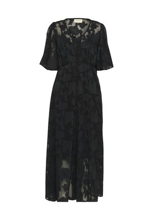 Black, sheer maxi dress with floral pattern, short flutter sleeves, v-neck, and front button closure. Lightweight fabric with flowy texture.