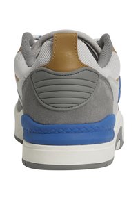 Gray and white sneaker with blue and tan accents; features a mesh upper, suede heel, and textured rubber sole.
