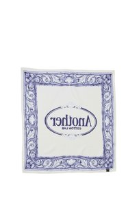 Cotton square fabric featuring a white base with a blue ornate border and the text "Another Cotton Lab" in the center.