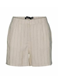 Beiga linneshorts med vertikala blå ränder, som har en avslappnad passform, två sidofickor och en platt midja med bälteshål.